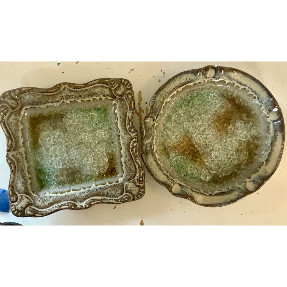 2 Ashtrays Trinket Dishes Pottery Glaze Crackle Glass Studio Art, Crystallized